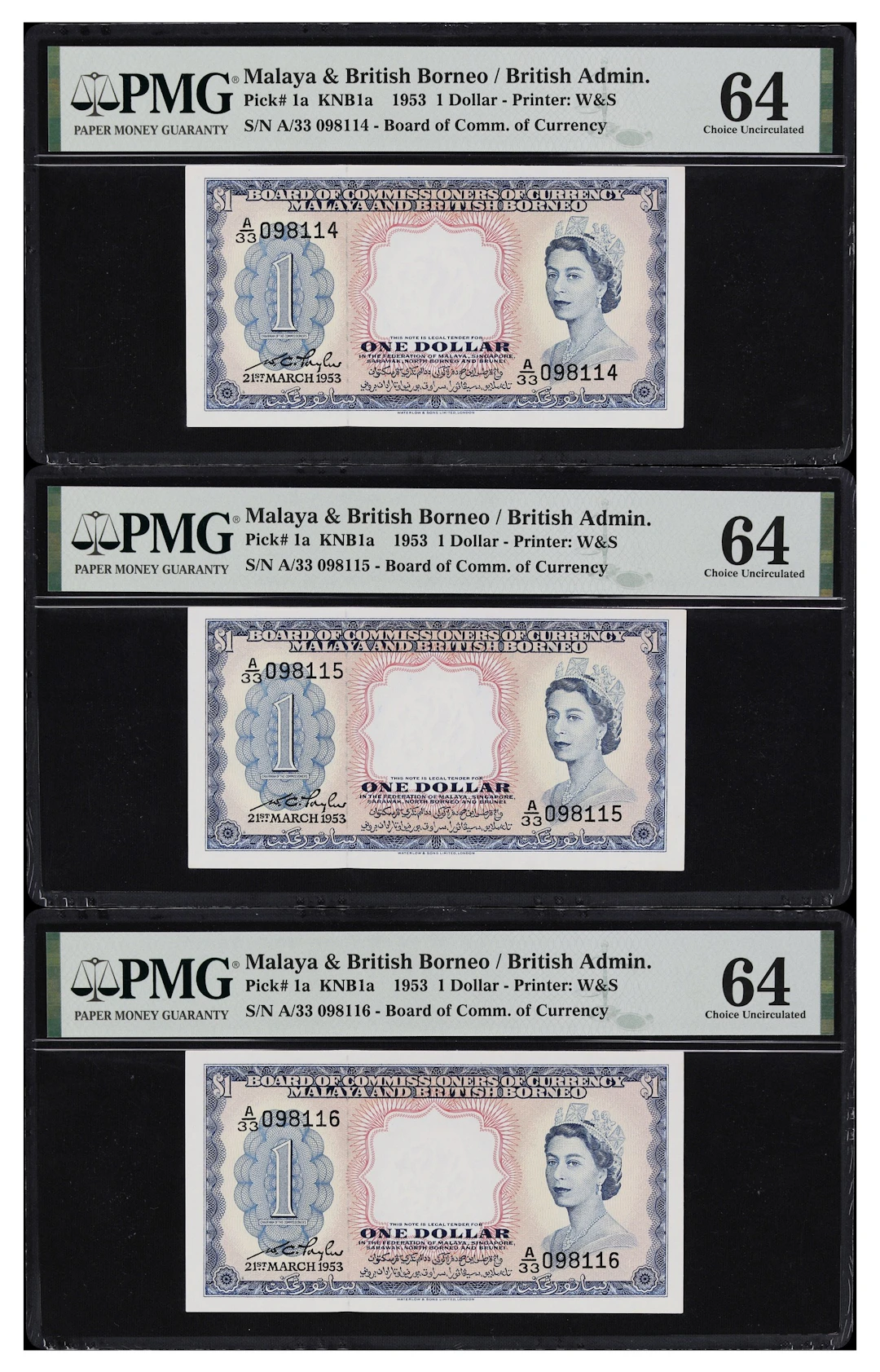 MALAYA AND BRITISH BORNEO. Lot of (3). Board of Commissioners of Currency.