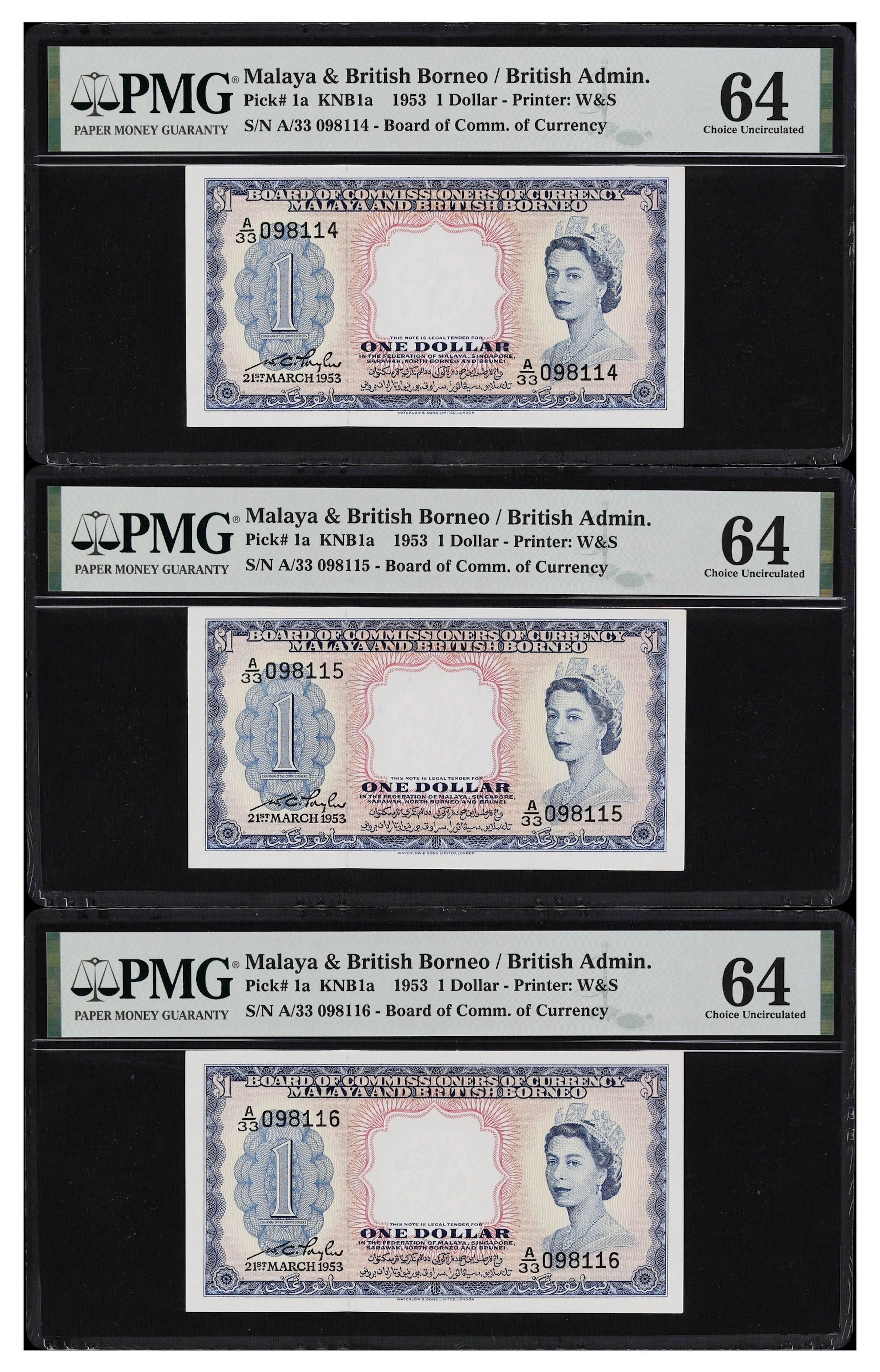 MALAYA AND BRITISH BORNEO. Lot of (3). Board of Commissioners of Currency.