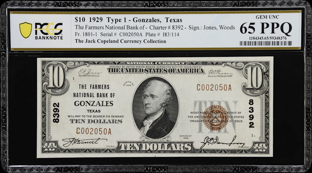 Gonzales, Texas. $10 1929 Ty. 1. Fr. 1801-1. Farmers NB. Charter #8392.