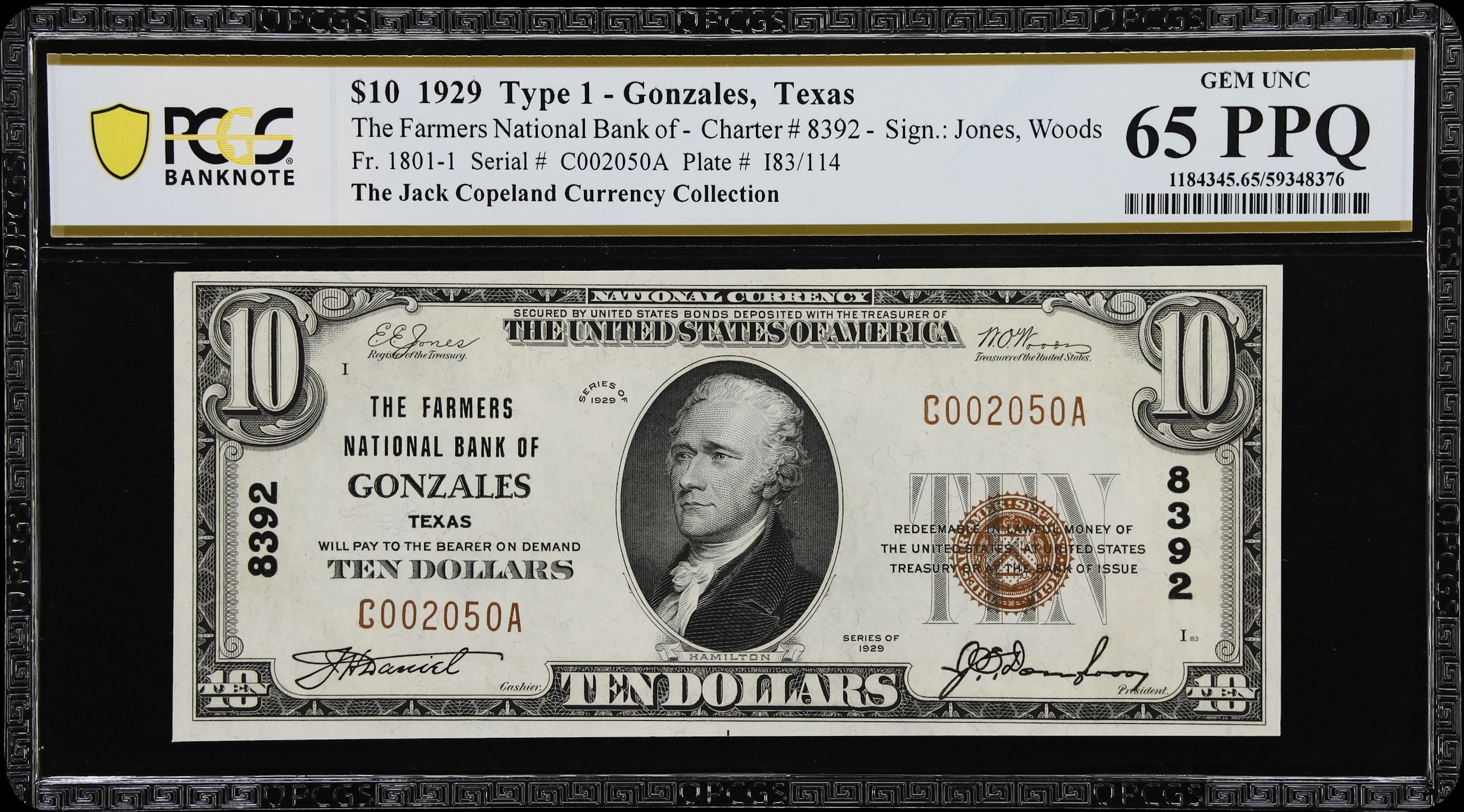 Gonzales, Texas. $10 1929 Ty. 1. Fr. 1801-1. Farmers NB. Charter #8392.
