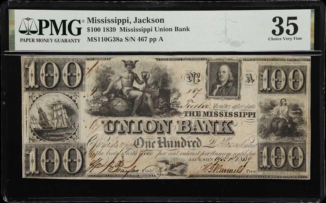 Jackson, Mississippi. Mississippi Union Bank. 1839 $100. PMG Choice