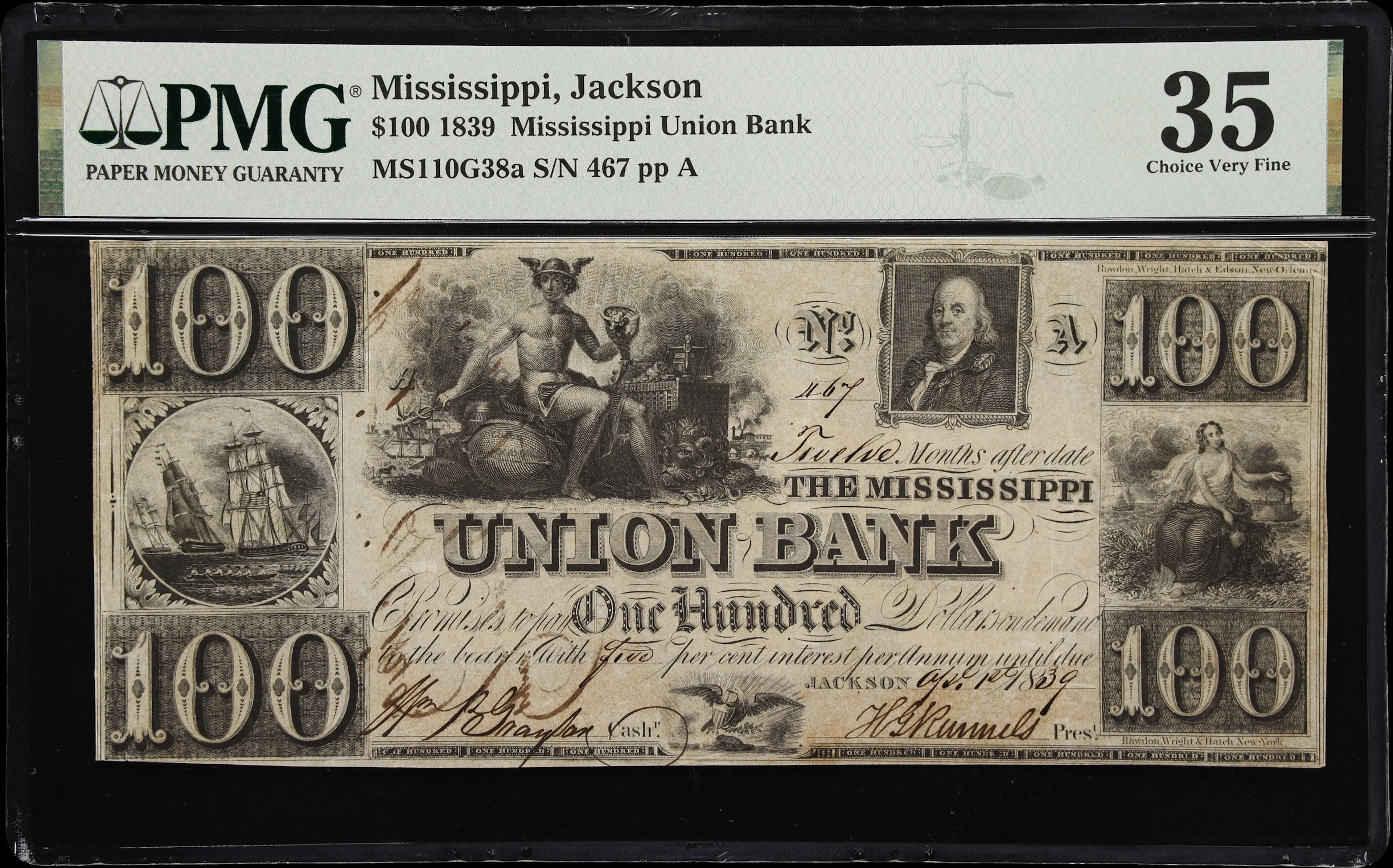Jackson, Mississippi. Mississippi Union Bank. 1839 $100. PMG Choice