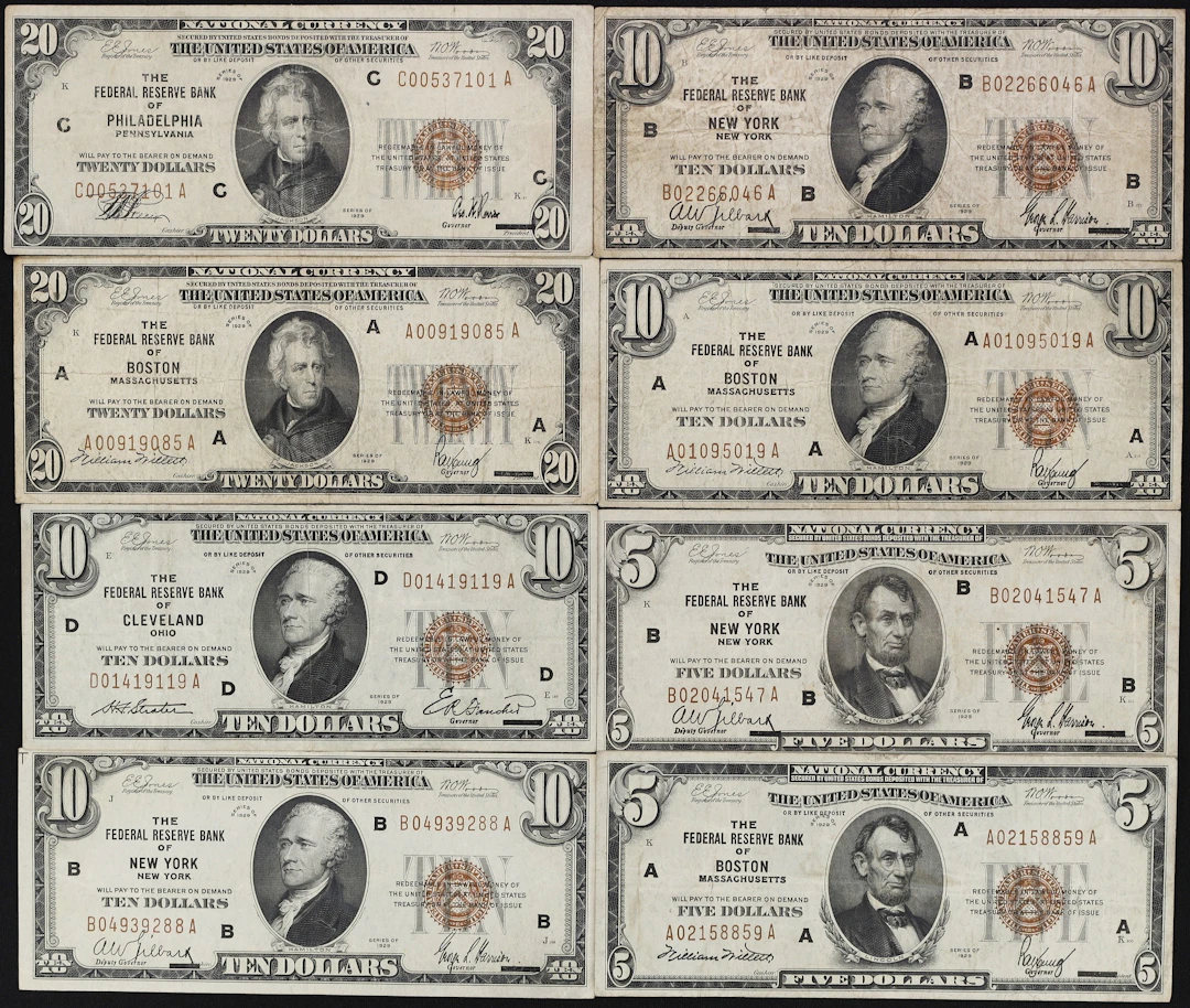 Lot of (8) Mixed Friedbergs. 1929 $5, $10, & $20 Federal Reserve Bank