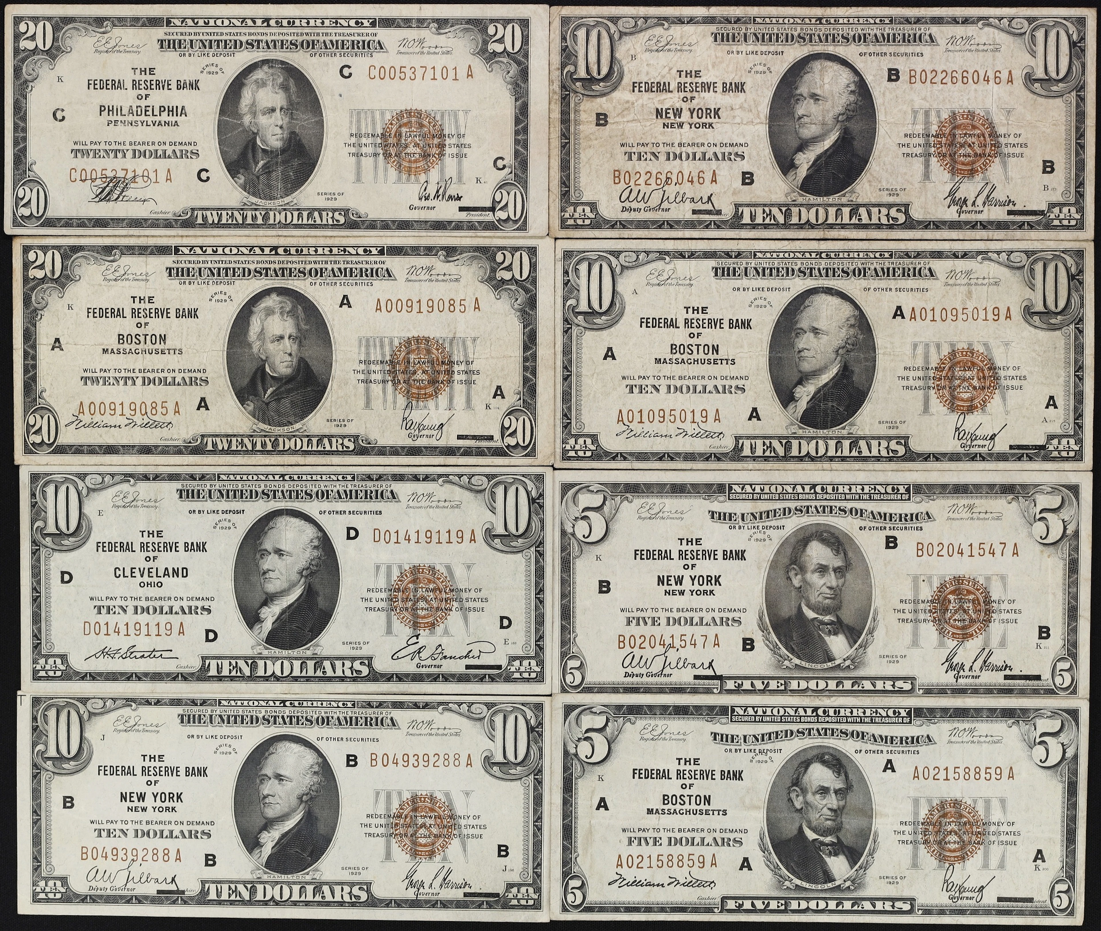 Lot of (8) Mixed Friedbergs. 1929 $5, $10, & $20 Federal Reserve Bank