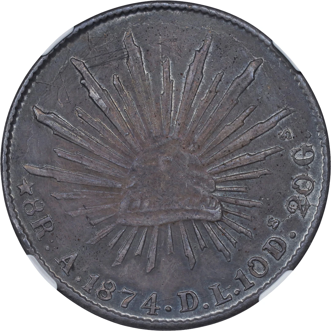MEXICO. 8 Reales, 1874-A DL. Alamos Mint. NGC AU Details--Obverse Graffiti.
