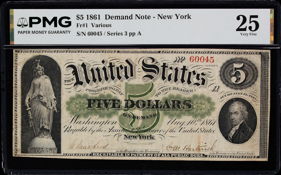 Fr. 1. 1861 $5 Demand Note. PMG Very Fine 25.