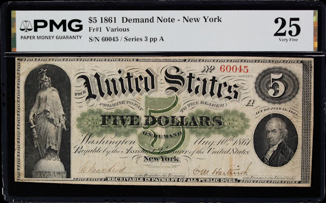Fr. 1. 1861 $5 Demand Note. PMG Very Fine 25.