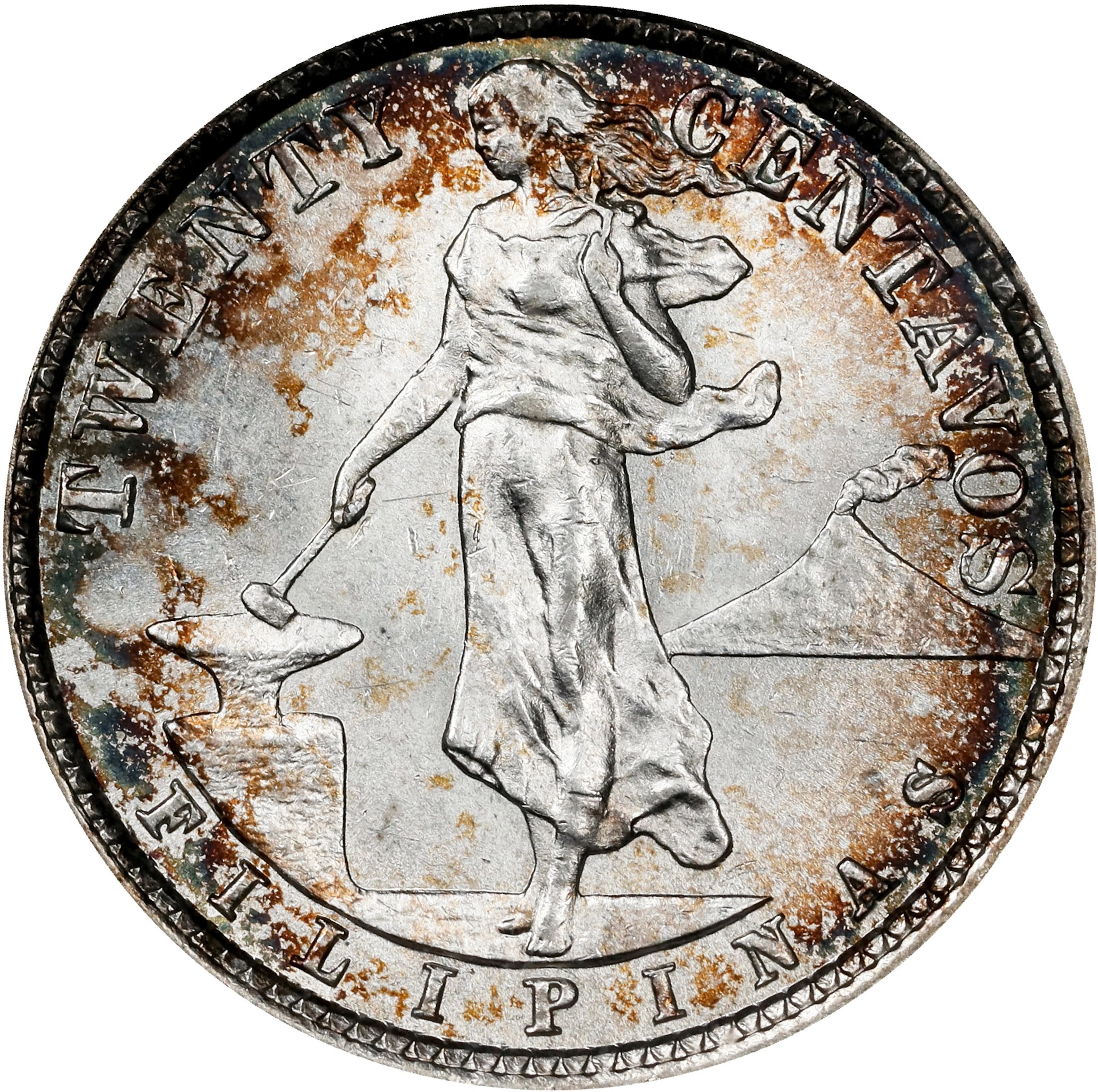 PHILIPPINES. 20 Centavos, 1921. Manila Mint. ANACS MS-63.