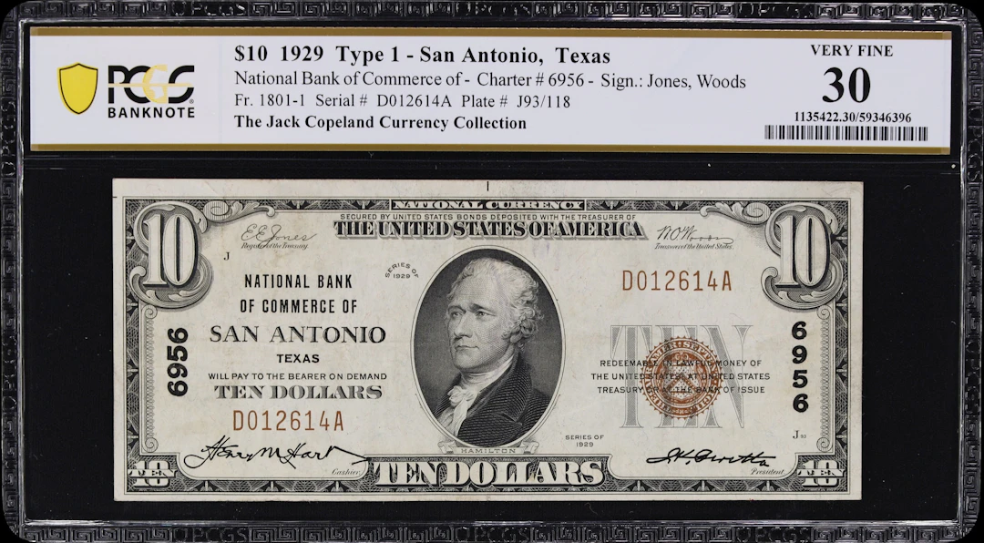 San Antonio, Texas. $10 1929 Ty. 1. Fr. 1801-1. NB of Commerce. Charter