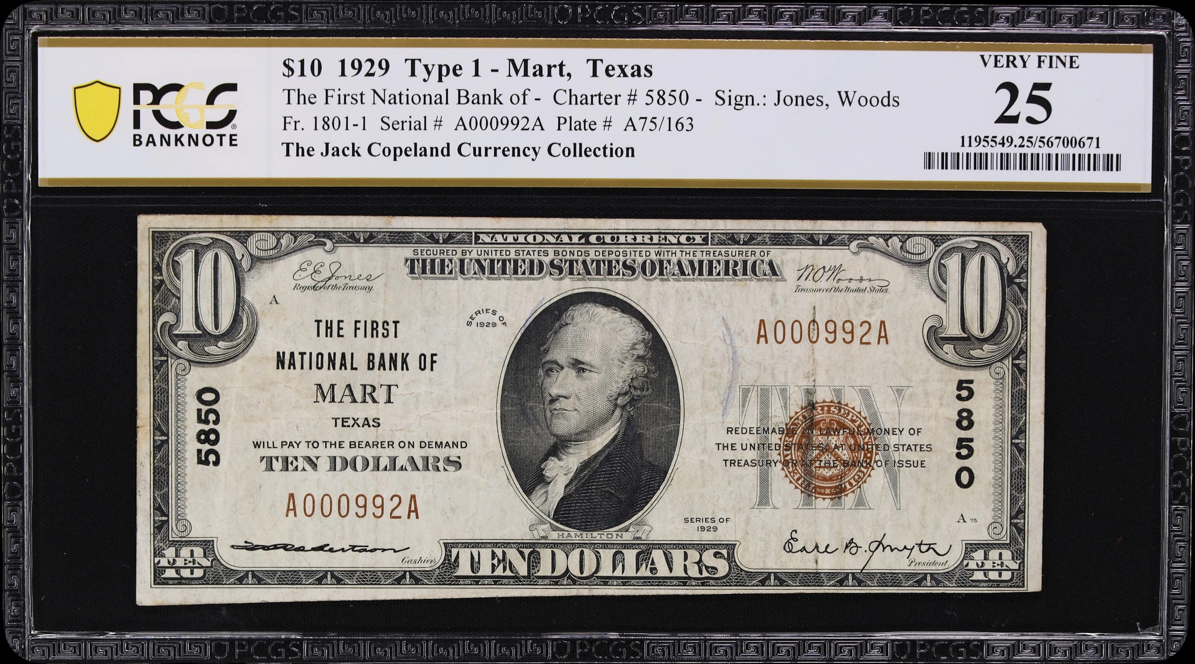 Mart, Texas. $10 1929 Ty. 1. Fr. 1801-1. First NB. Charter #5850.