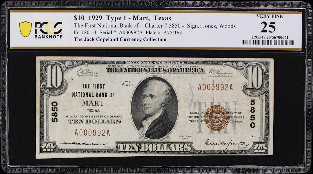 Mart, Texas. $10 1929 Ty. 1. Fr. 1801-1. First NB. Charter #5850.