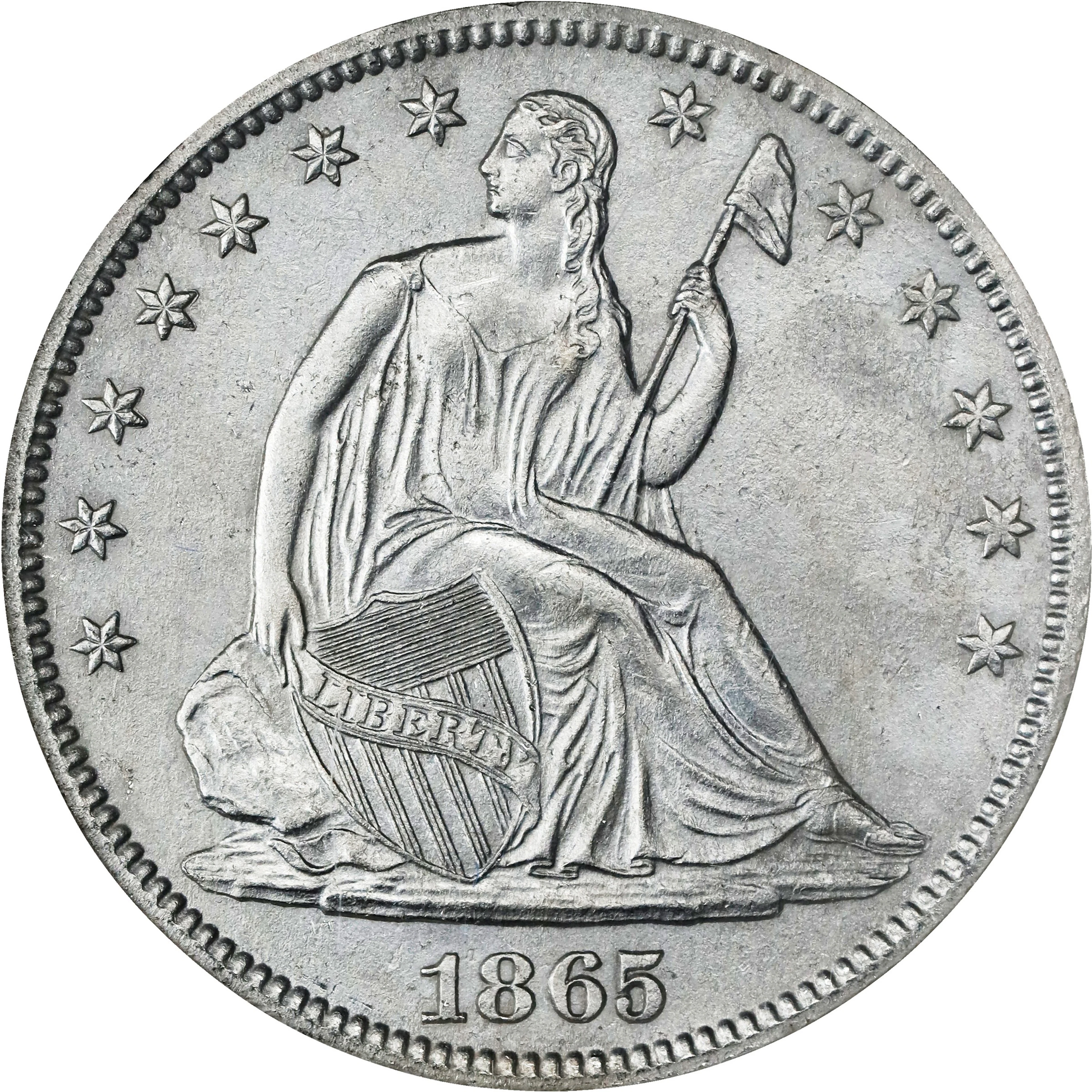 1865 Liberty Seated Half Dollar. WB-8. Rarity-3. Repunched 8. Shipwreck