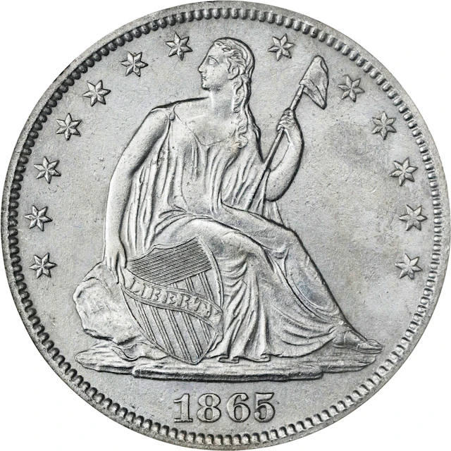 1865 Liberty Seated Half Dollar. WB-8. Rarity-3. Repunched 8. Shipwreck