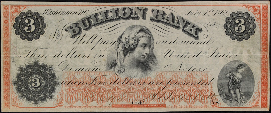 Washington, District of Columbia. Bullion Bank. 1862 $3. About Uncirculated.