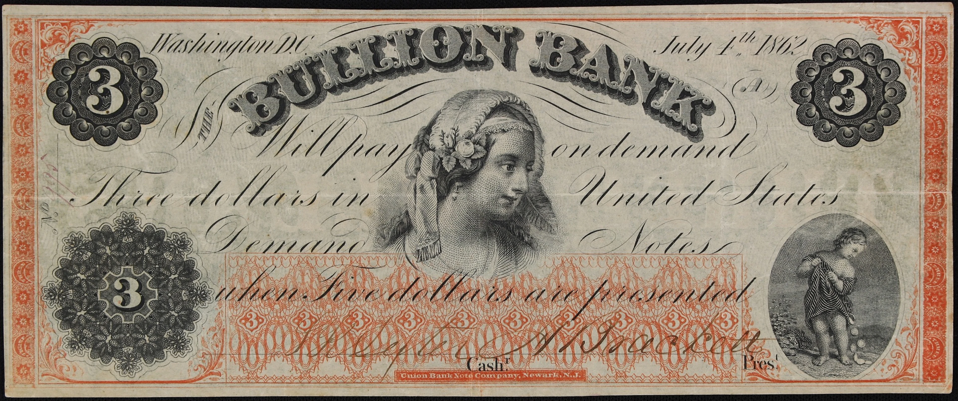 Washington, District of Columbia. Bullion Bank. 1862 $3. About Uncirculated.
