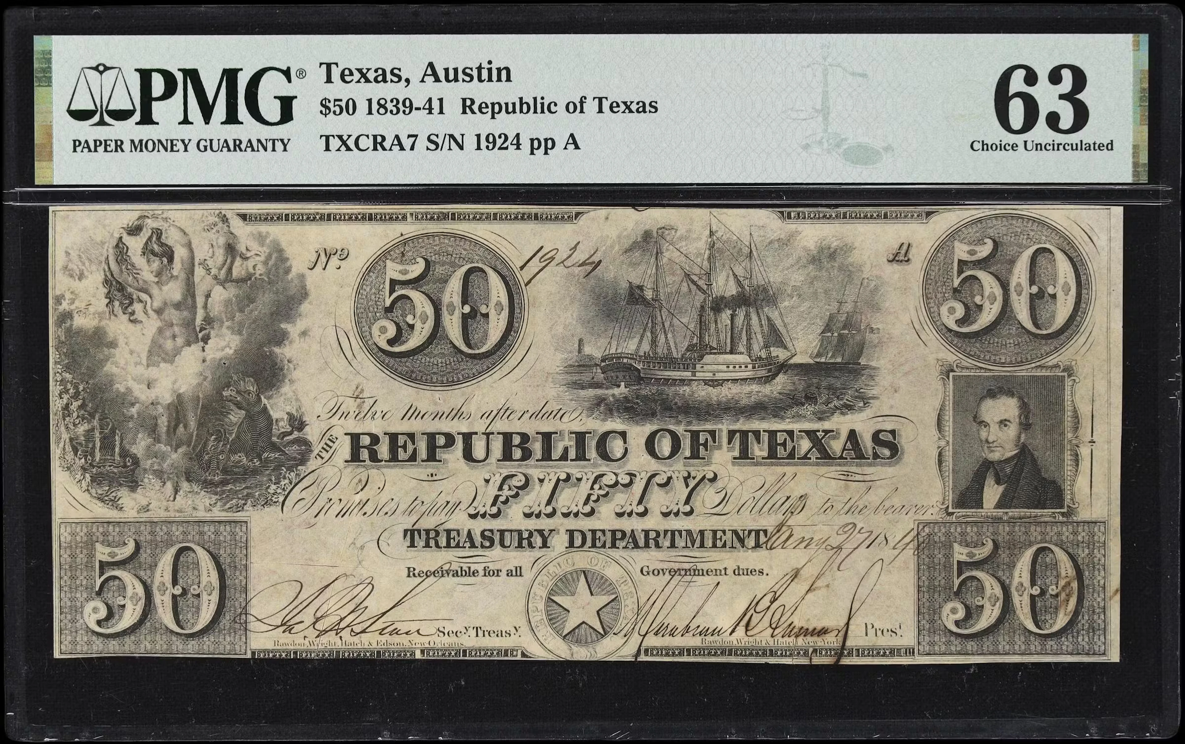 Austin, Texas. Republic of Texas. 1840 $50. PMG Choice Uncirculated 63.