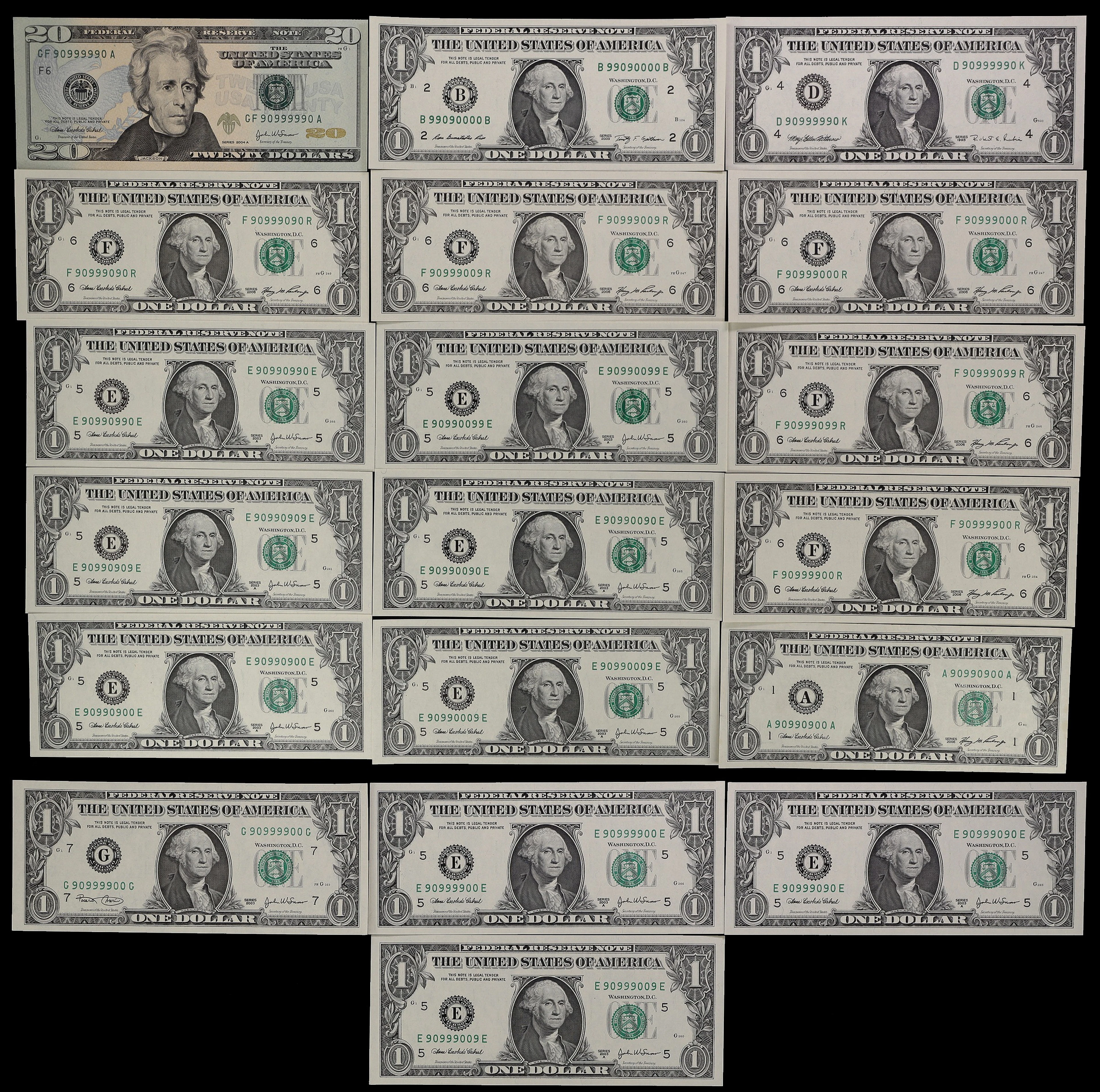 Lot of (19) Fr. 1921-D, 1929-G, 1930-E, 1932-A, 1933-F, 3000-B & 2092-F.