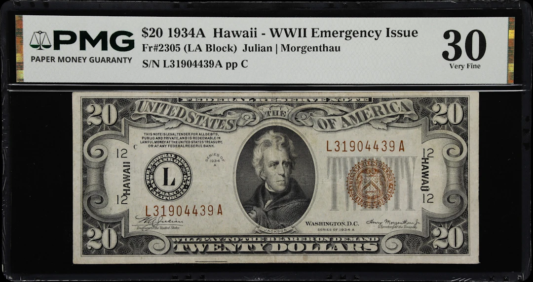 Fr. 2305. 1934A $20 Hawaii Emergency Note. PMG Very Fine 30.