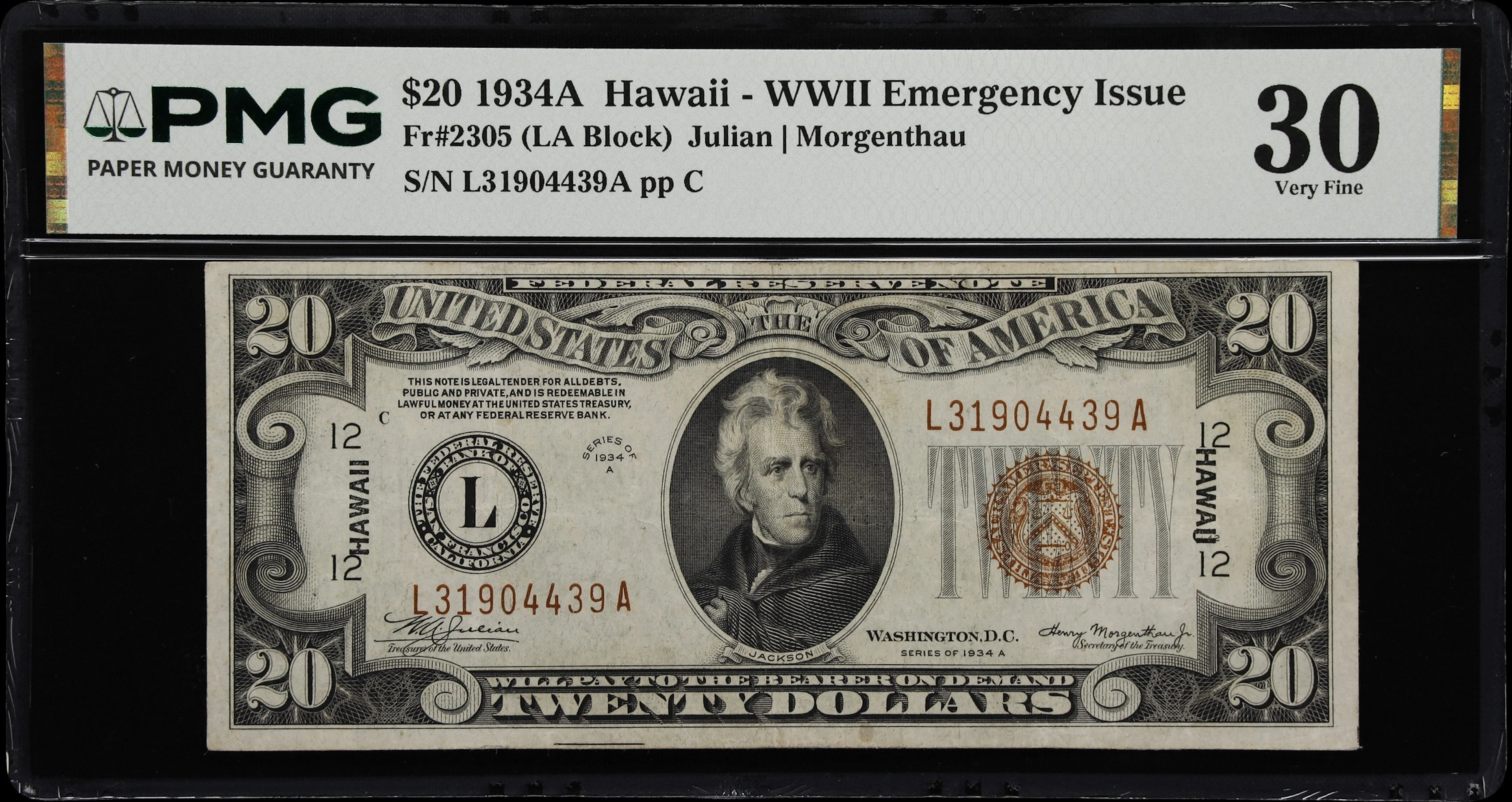 Fr. 2305. 1934A $20 Hawaii Emergency Note. PMG Very Fine 30.
