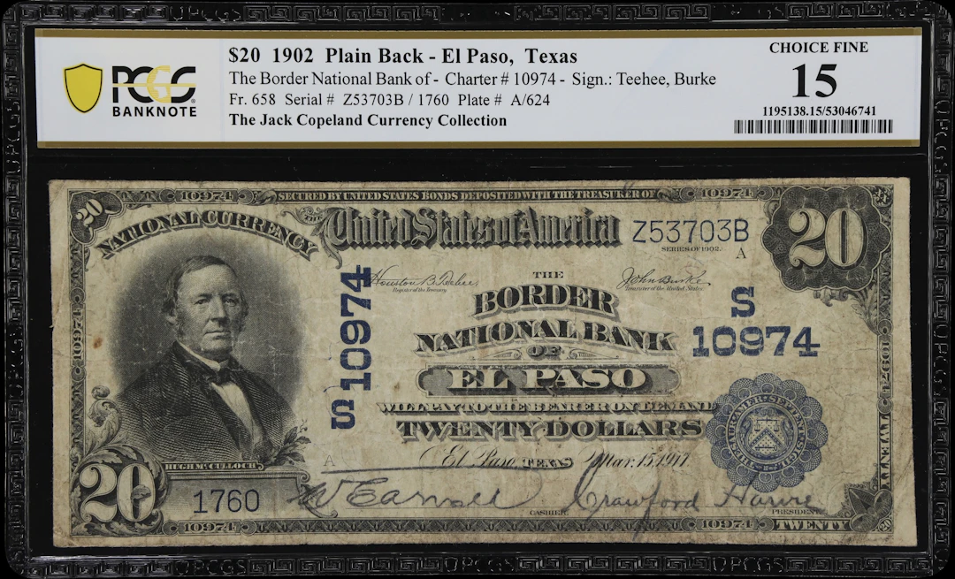 El Paso, Texas. $20 1902 Plain Back. Fr. 658. Border NB. Charter #10974.