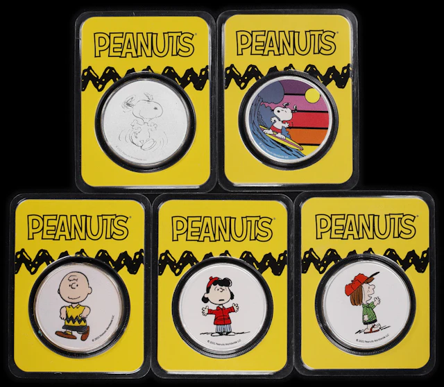 (5 oz, 155.52 g ASW). Lot of (5) Peanuts Assorted Design 1 oz Silver Rounds.