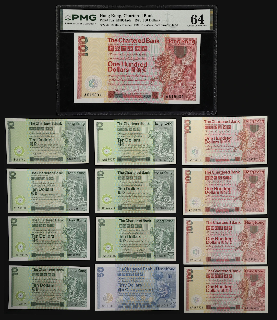HONG KONG (SAR). Lot of (13). Chartered Bank. 10, 50, & 100 Dollars