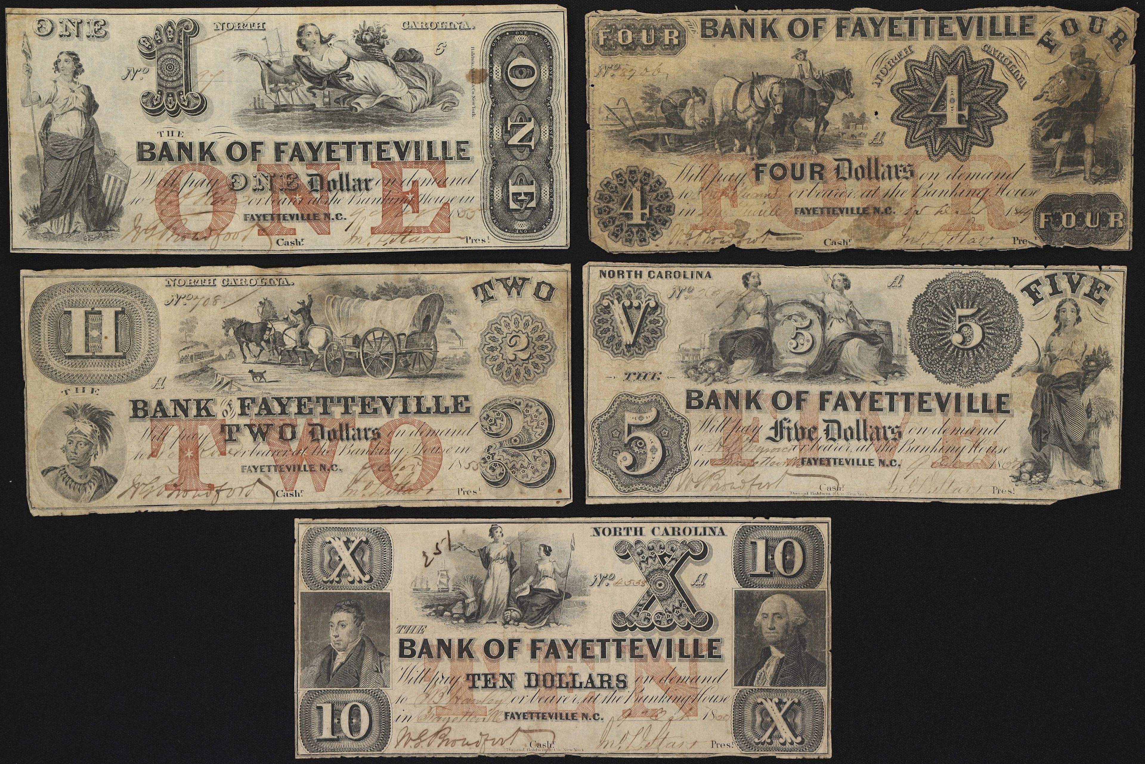 Lot of (5) Fayetteville, North Carolina. Bank of Fayetteville. 1850s