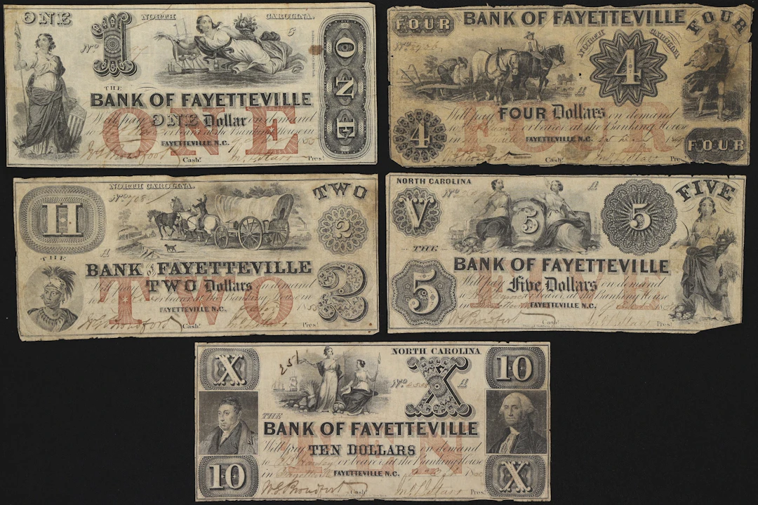 Lot of (5) Fayetteville, North Carolina. Bank of Fayetteville. 1850s