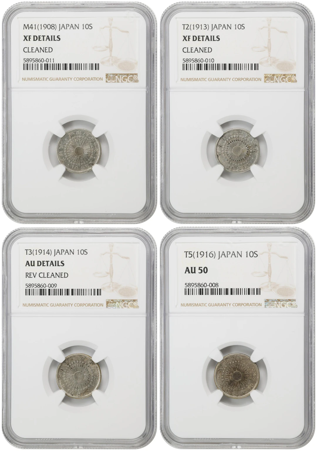 JAPAN. Quartet of 10 Sen (4 Pieces), 1908-16. Osaka Mint. All NGC Certified.