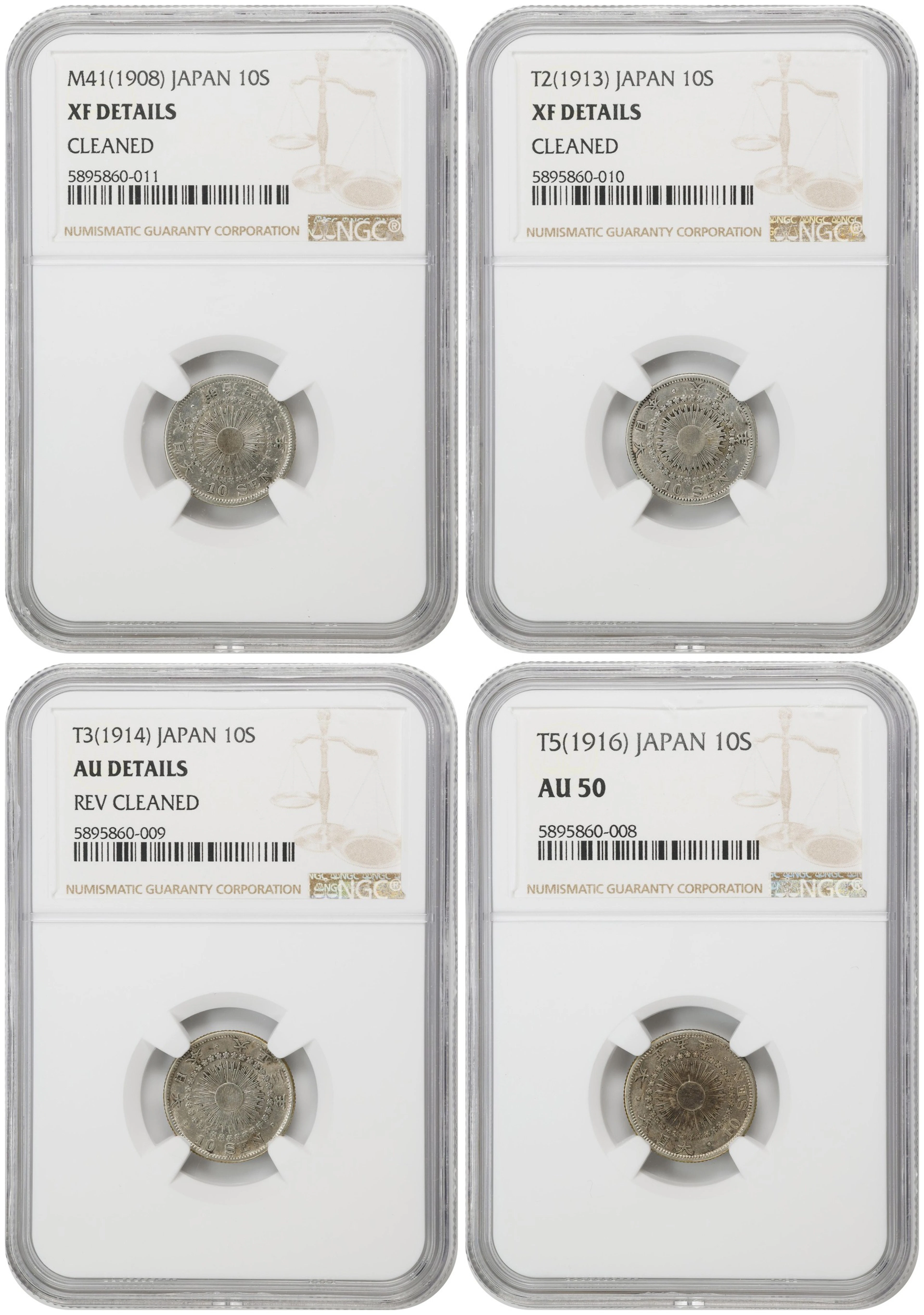 JAPAN. Quartet of 10 Sen (4 Pieces), 1908-16. Osaka Mint. All NGC Certified.