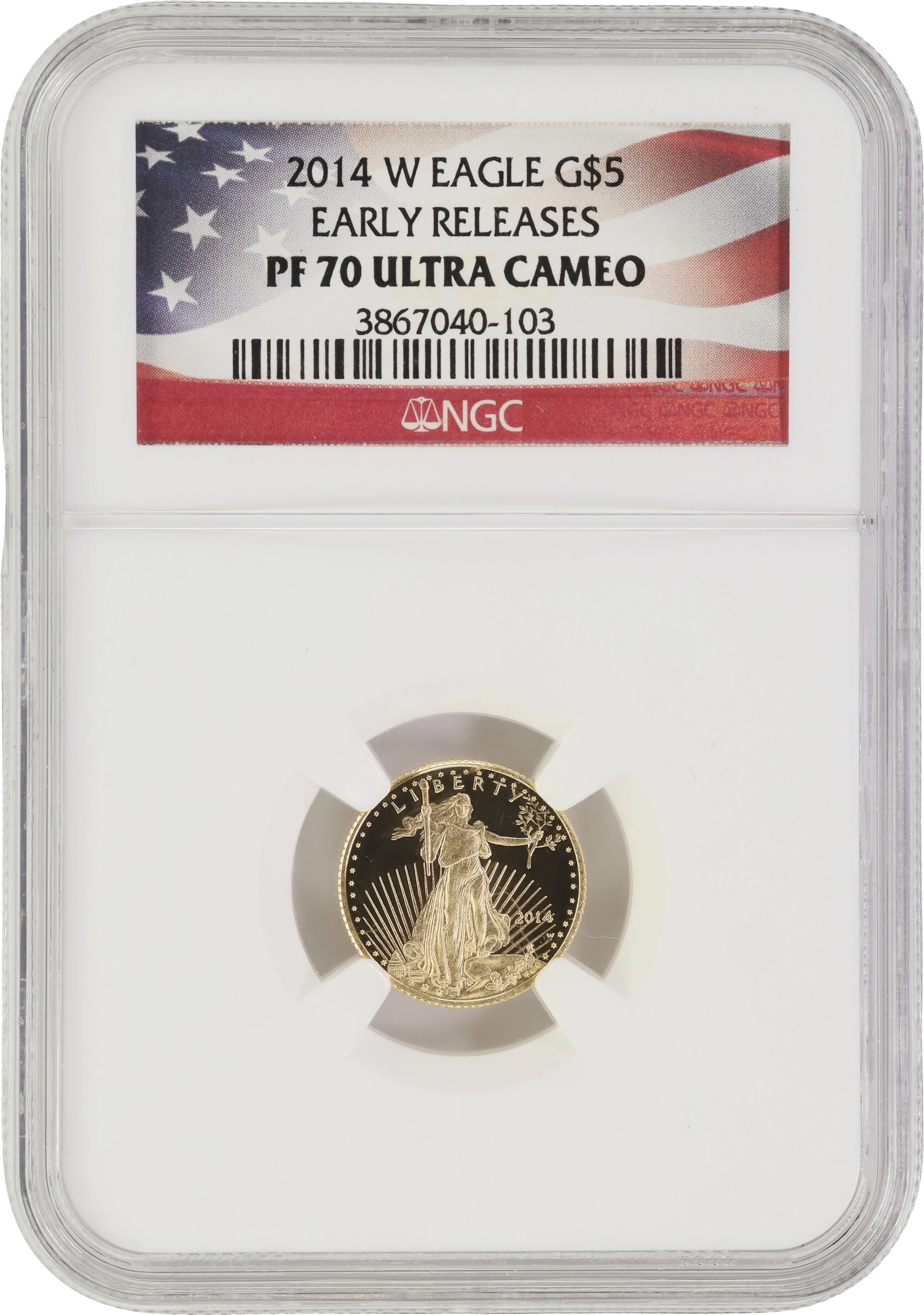 (0.1 oz, 3.11 g AGW). 2014-W American Gold Eagle $5. PF-70 Ultra Cameo (NGC).