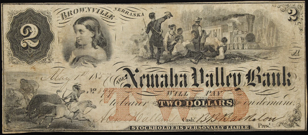 Brownville, Territory of Nebraska. Nemaha Valley Bank. 1857 $2. Fine.