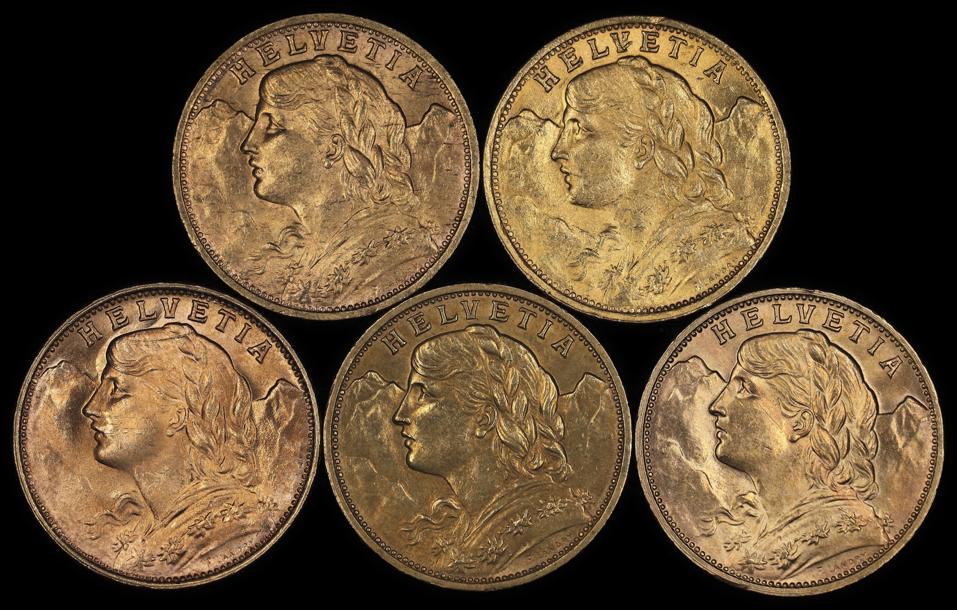 (0.935 oz, 29.082 g AGW). Switzerland. Lot of (5) Mixed Date Gold 20 Francs.