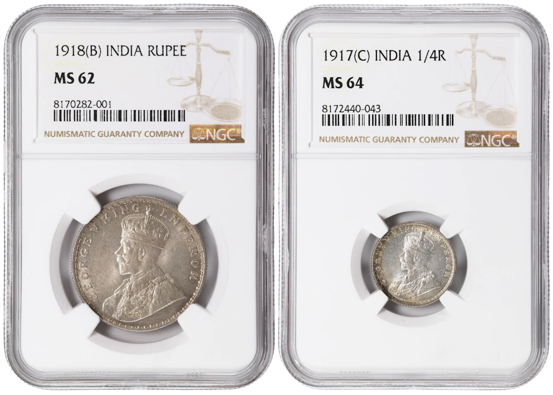 INDIA. Duo of Silver Issues (2 Pieces), 1917 & 1918. George V. Both