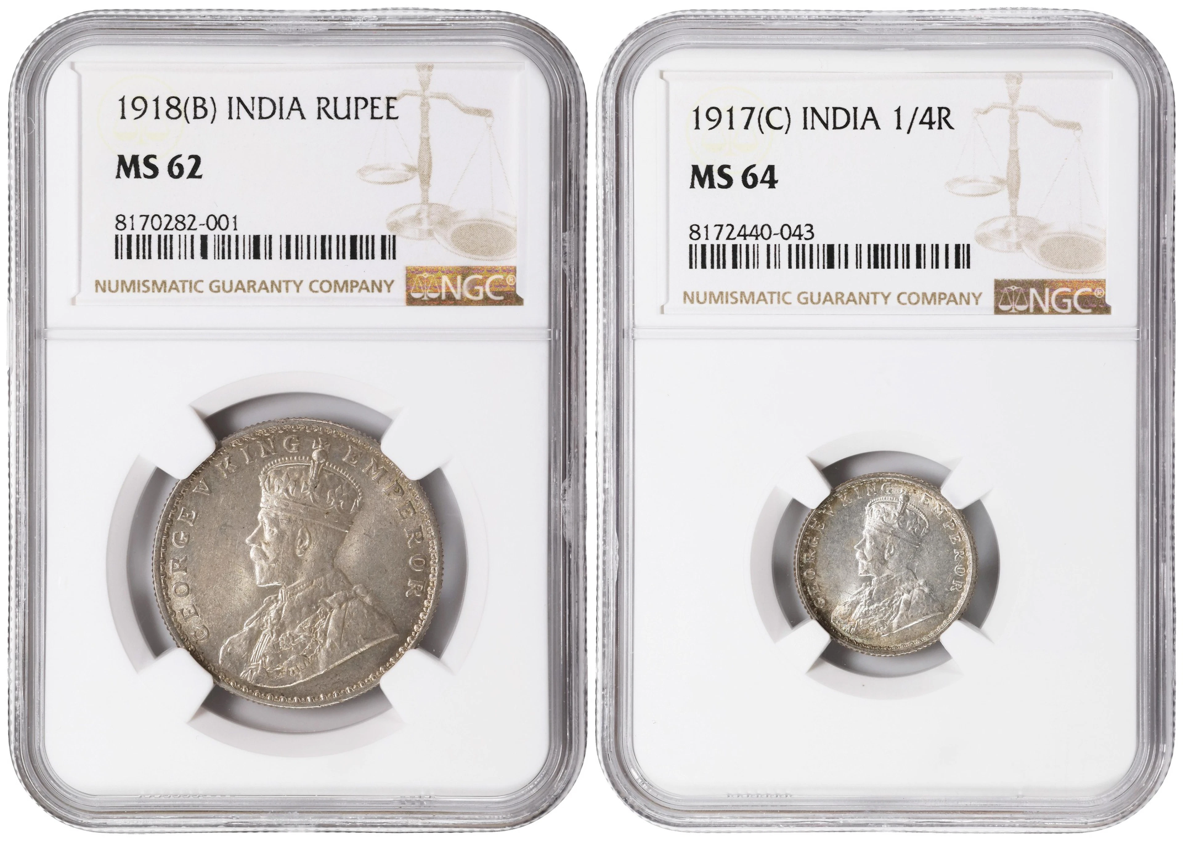 INDIA. Duo of Silver Issues (2 Pieces), 1917 & 1918. George V. Both