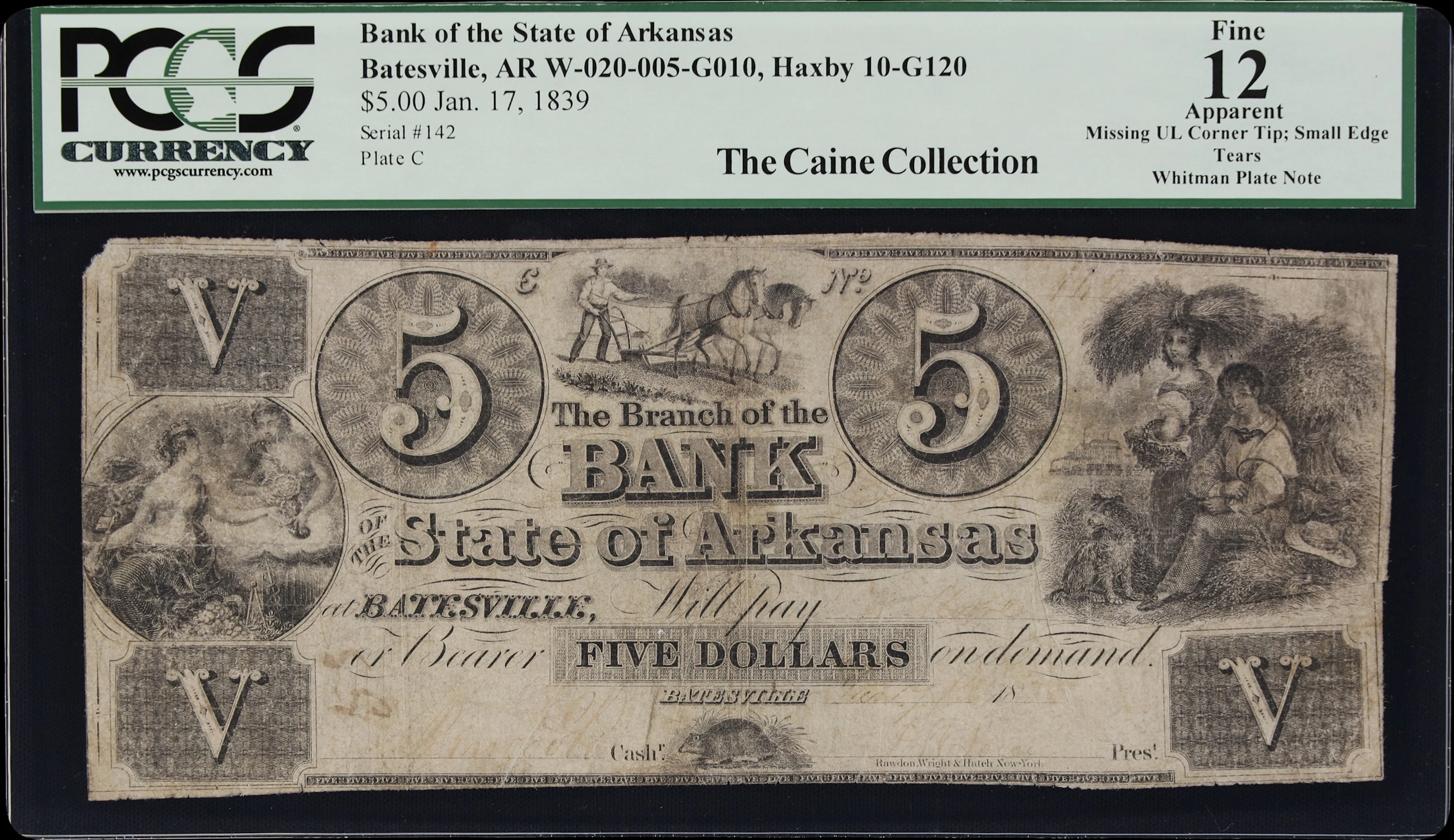 Batesville, Arkansas. Bank of the State of Arkansas. 1839 $5. PCGS