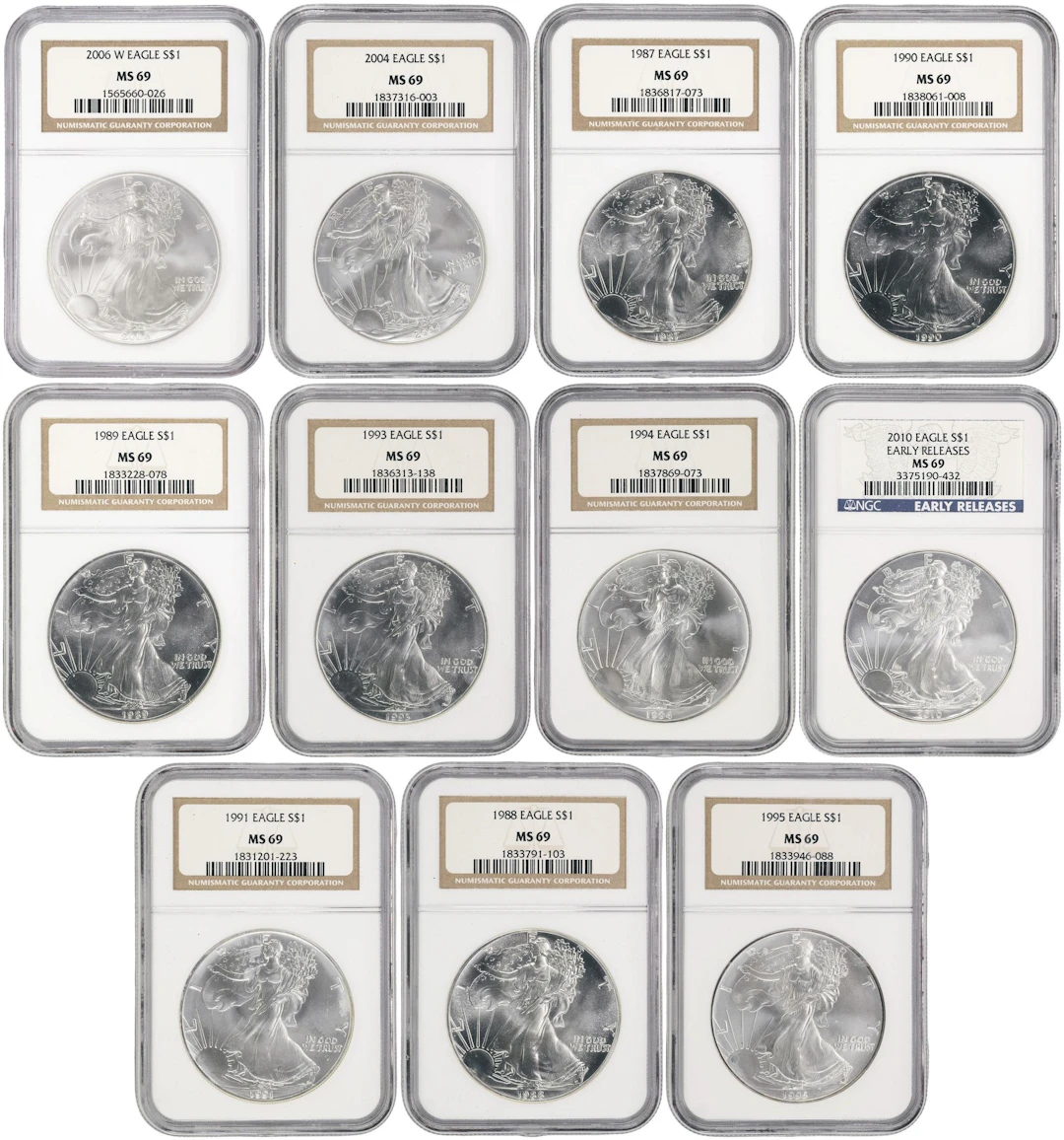 (11 oz, 342.144 g ASW). Lot of (11) Mixed Date American Silver Eagles.