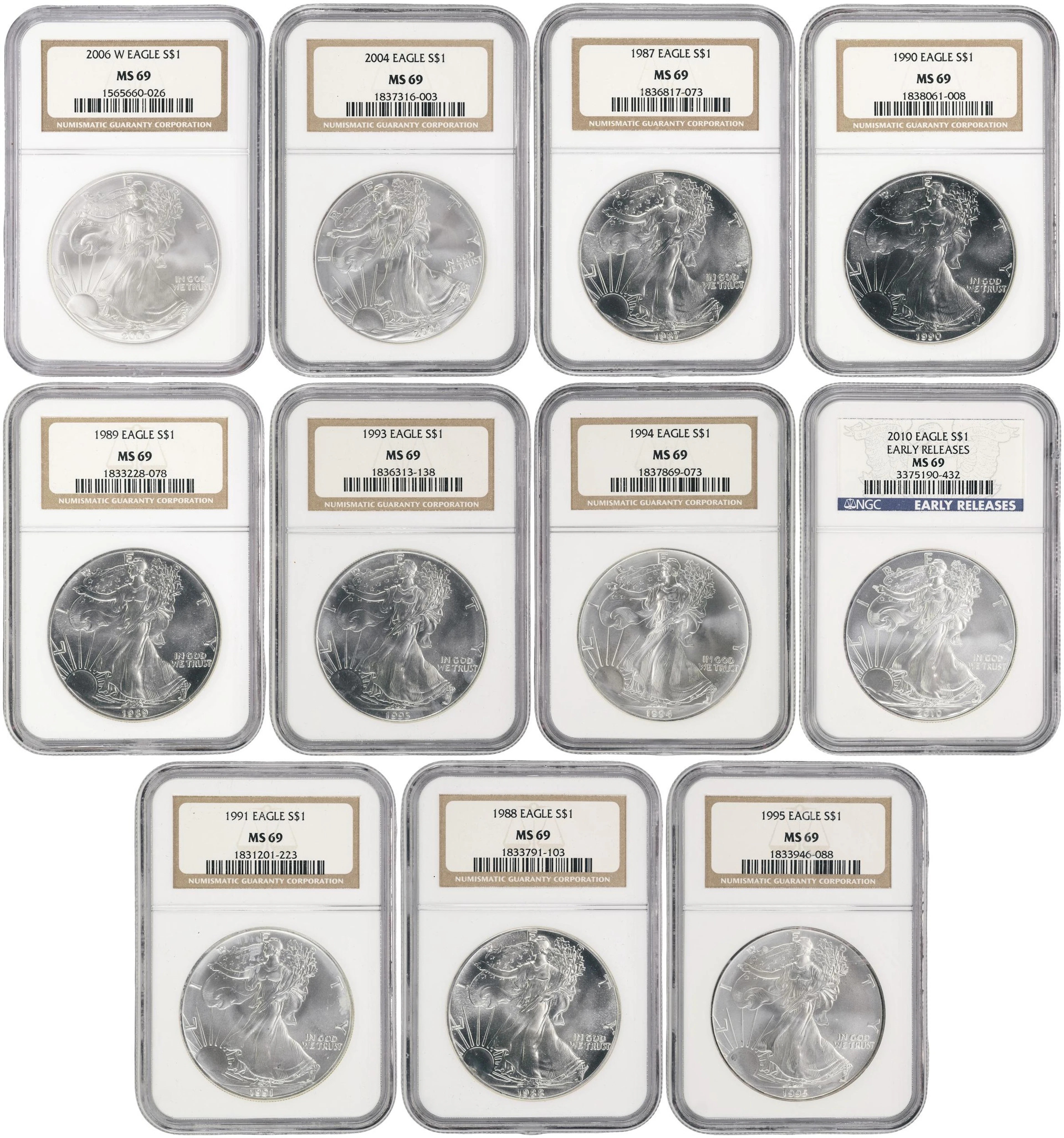 (11 oz, 342.144 g ASW). Lot of (11) Mixed Date American Silver Eagles.