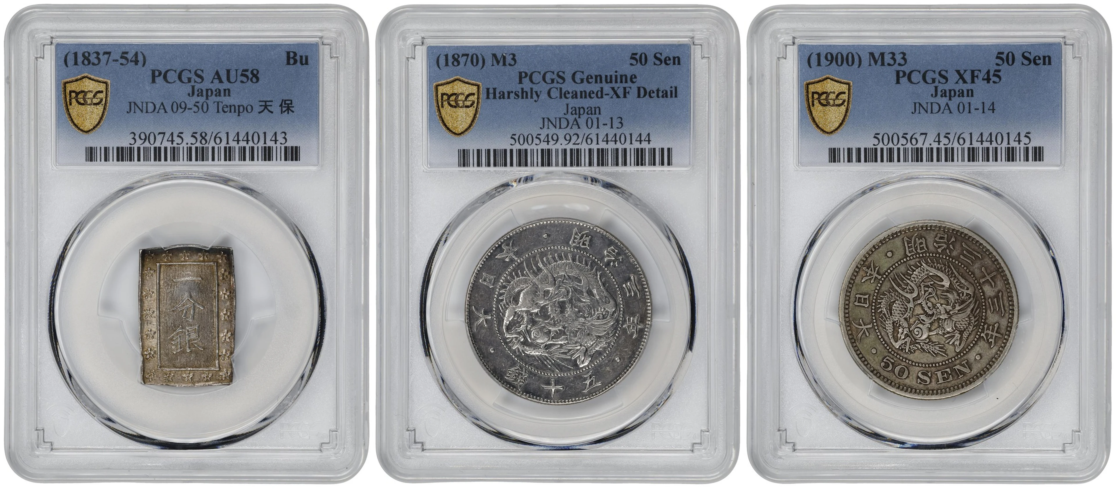 JAPAN. Trio of Mixed Denominations (3 Pieces), 1837-1900. All PCGS Certified.