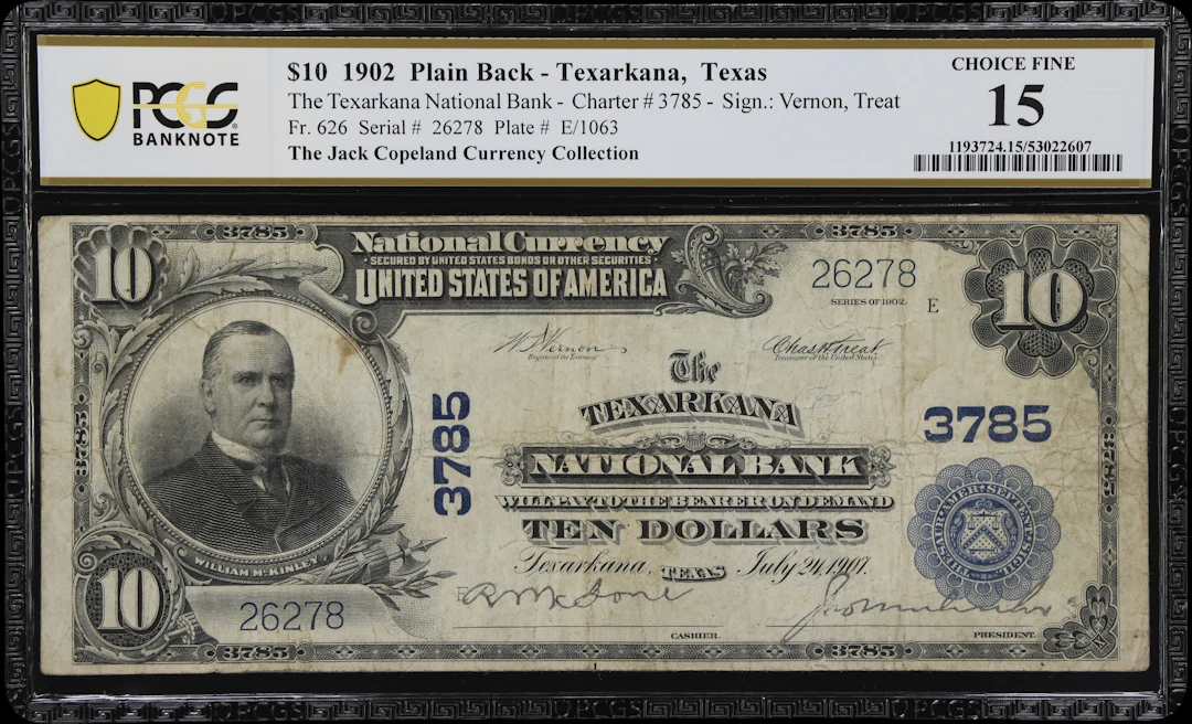 Texarkana, Texas. $10 1902 Plain Back. Fr. 626. Texarkana NB. Charter