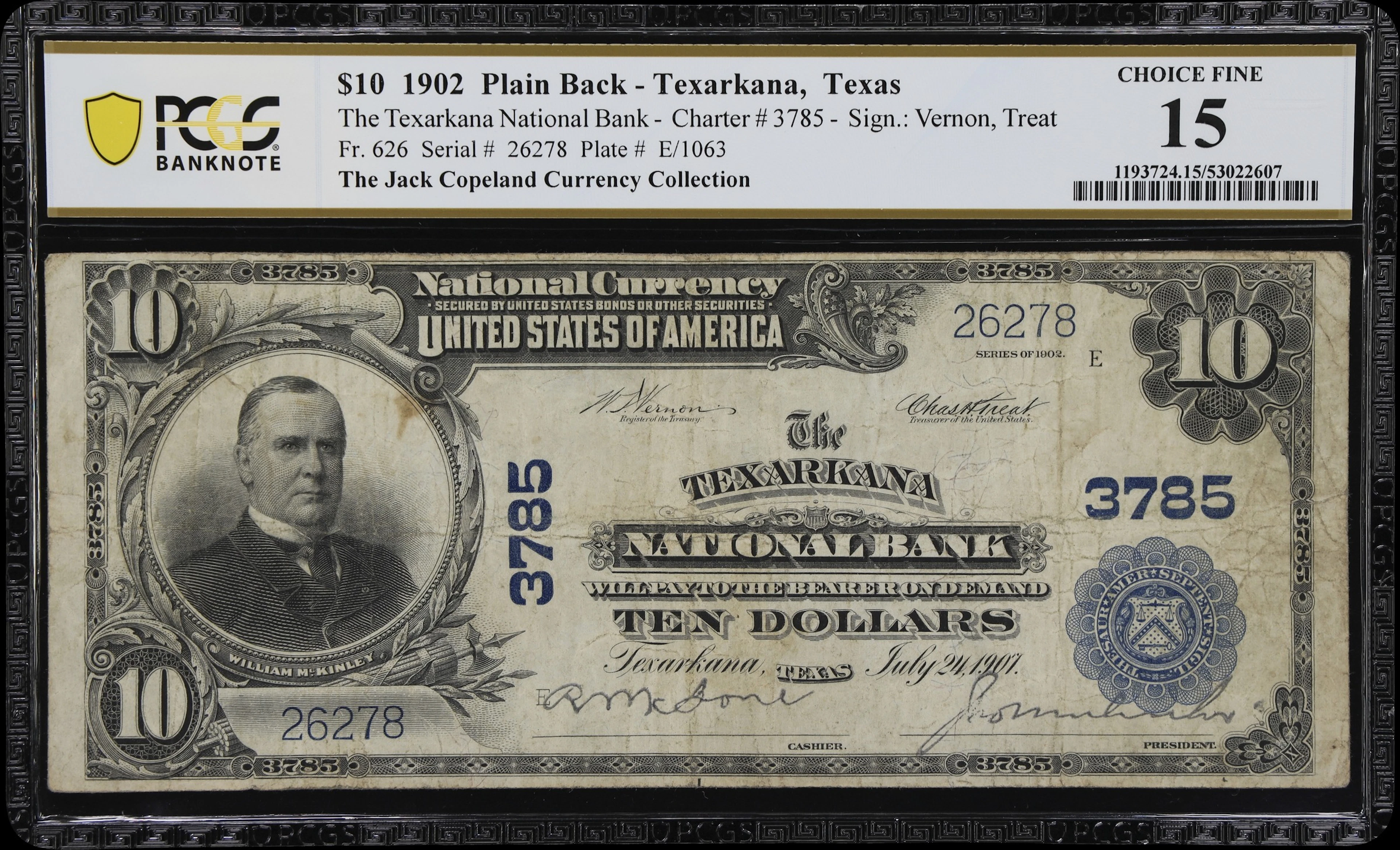 Texarkana, Texas. $10 1902 Plain Back. Fr. 626. Texarkana NB. Charter
