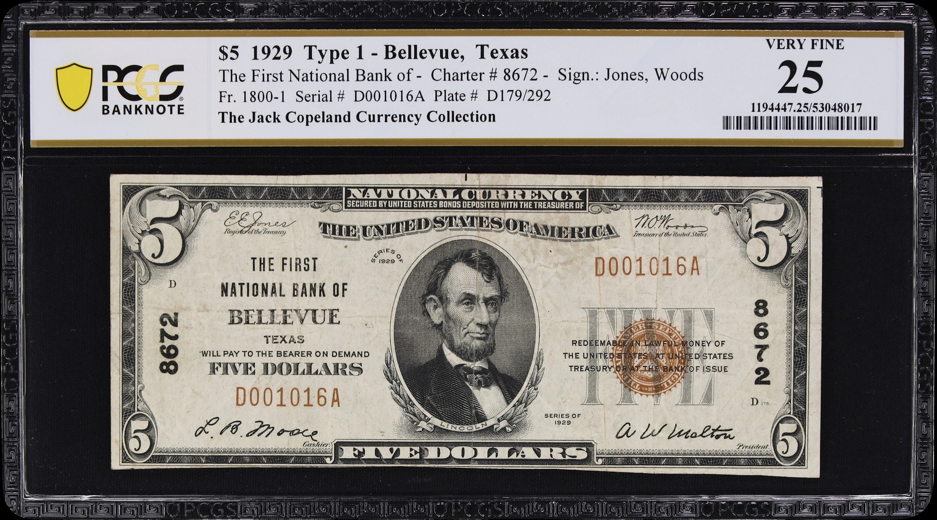 Bellevue, Texas. $5 1929 Ty. 1. Fr. 1800-1. First NB. Charter #8672.