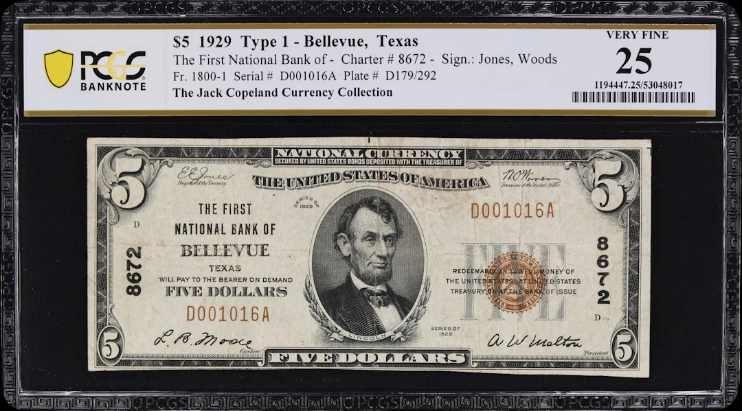 Bellevue, Texas. $5 1929 Ty. 1. Fr. 1800-1. First NB. Charter #8672.