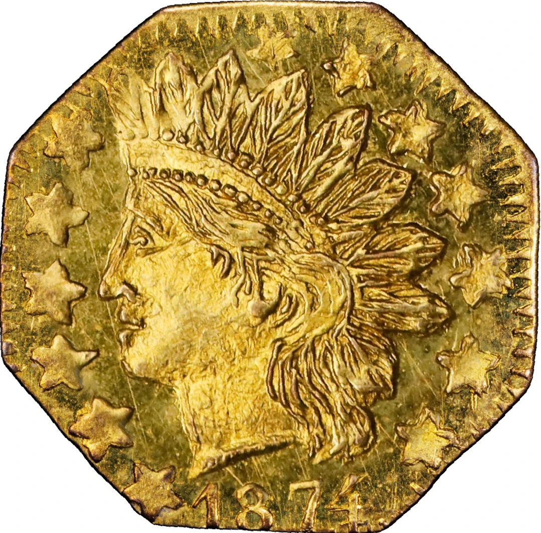 1874 Octagonal 25 Cents. BG-795. Rarity-3. Indian Head. MS-64 (PCGS).