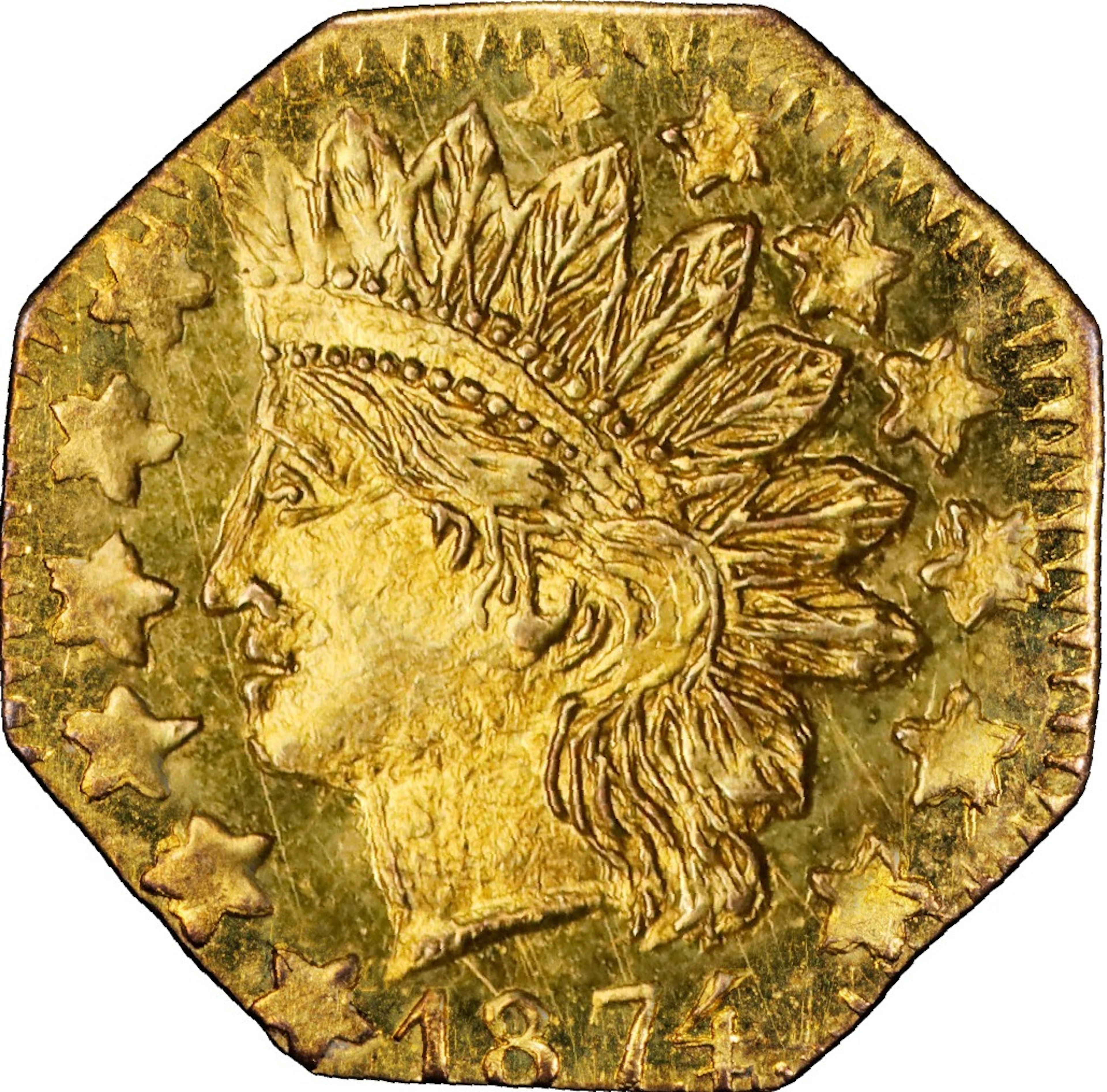 1874 Octagonal 25 Cents. BG-795. Rarity-3. Indian Head. MS-64 (PCGS).