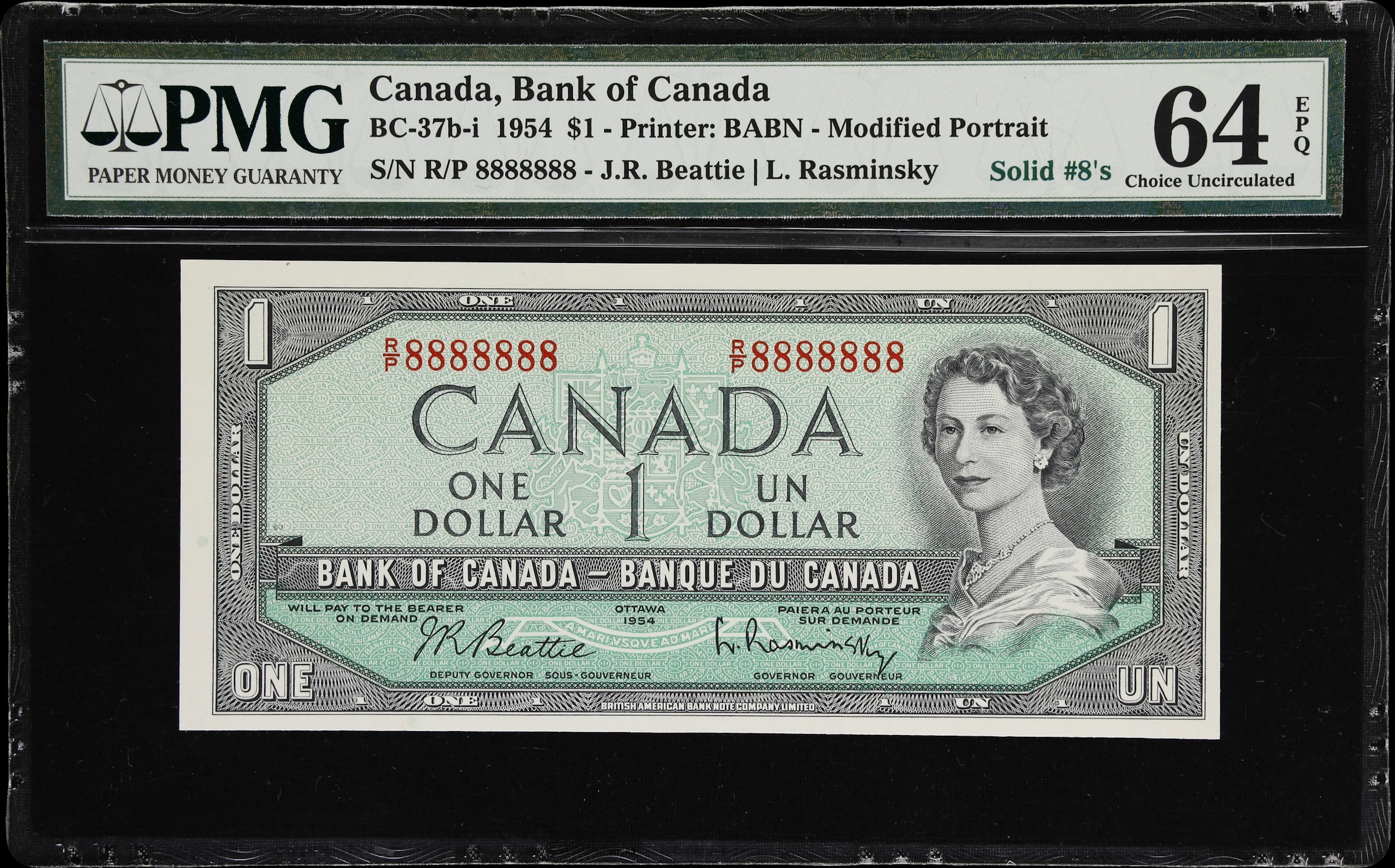 CANADA--FANCY SERIAL NUMBERS. Bank of Canada. 1 Dollar, 1954. BC-37b-i.