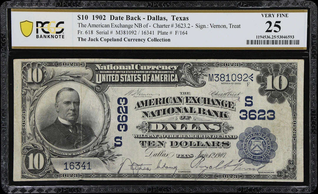 Dallas, Texas. $10 1902 Date Back. Fr. 618. American Exchange NB.