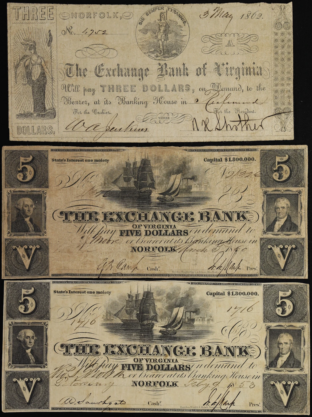 Lot of (3) Norfolk, Virginia. Exchange Bank of Virginia. 1853-62 $3