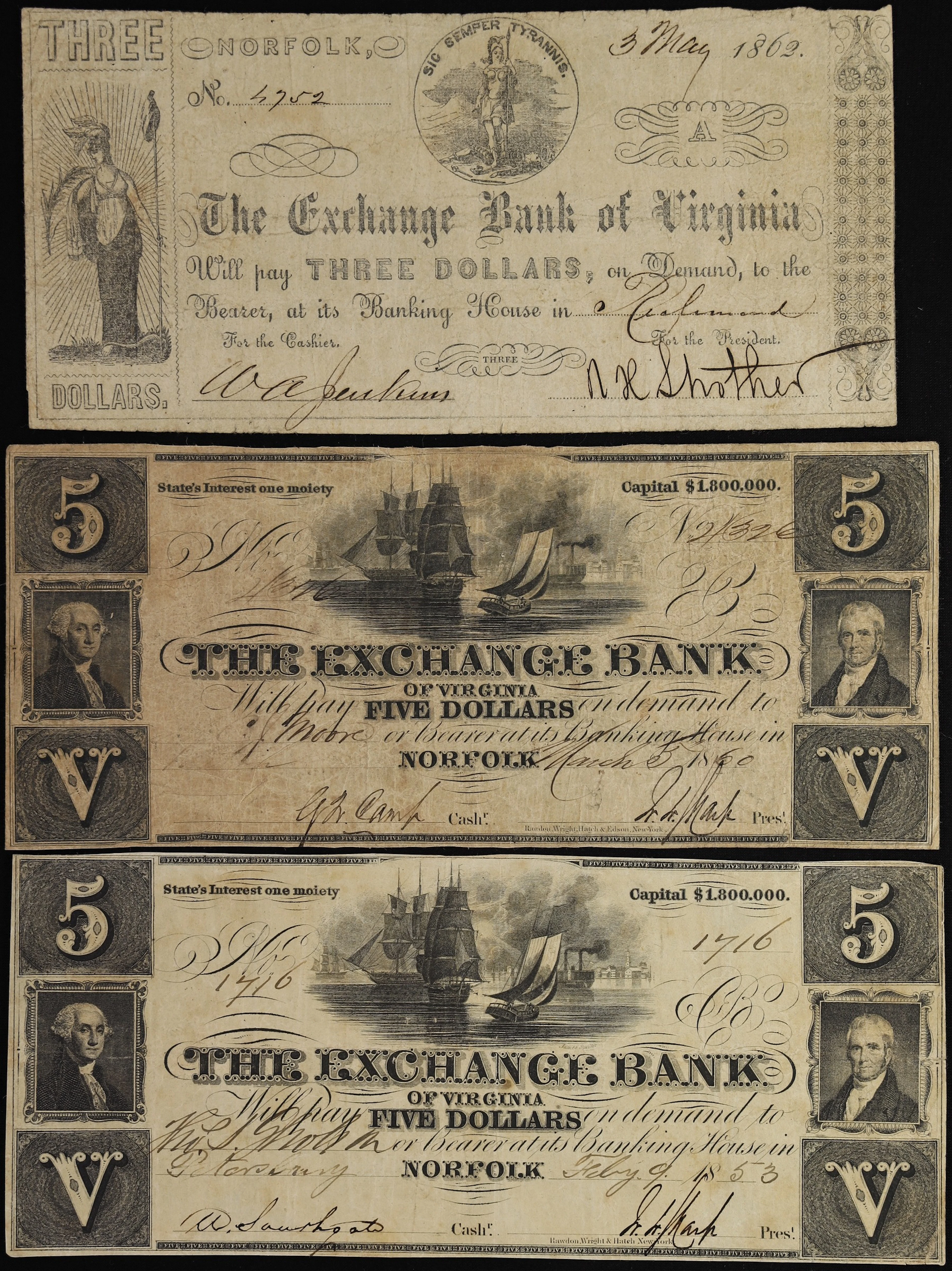 Lot of (3) Norfolk, Virginia. Exchange Bank of Virginia. 1853-62 $3