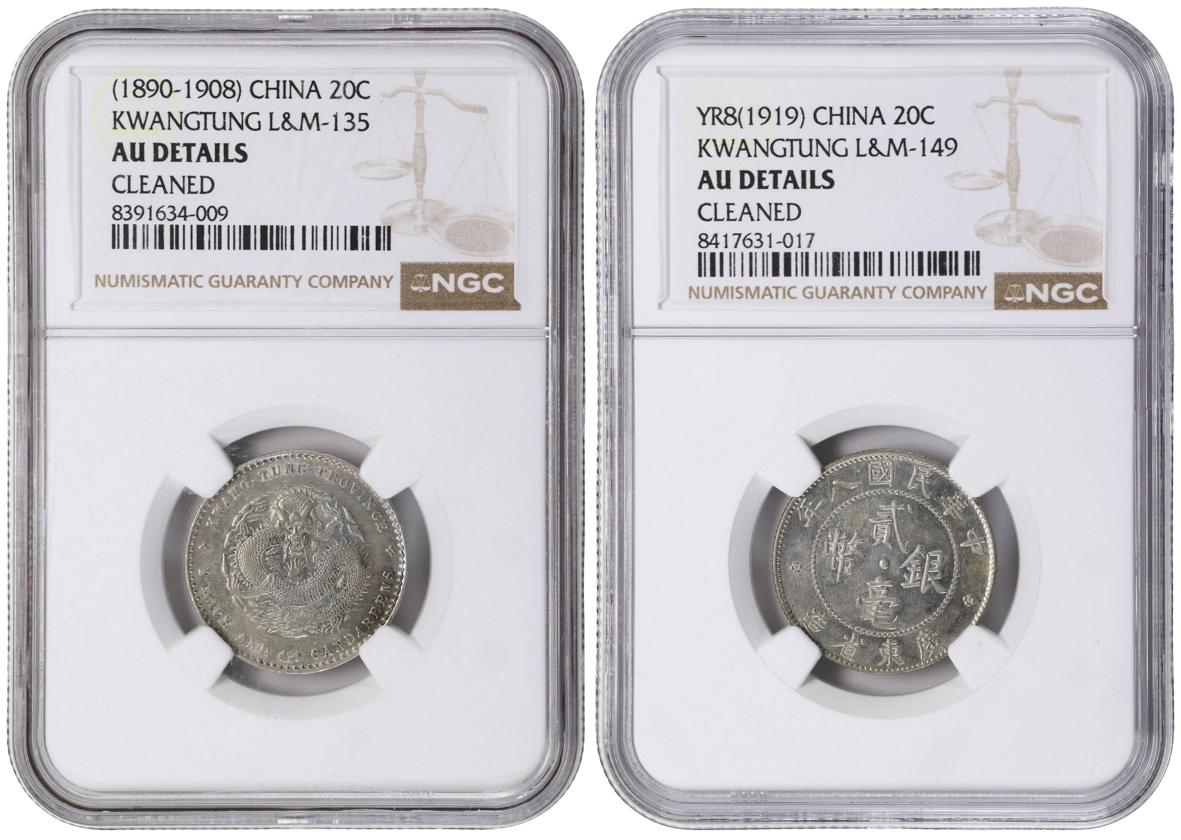 CHINA. Kwangtung. Duo of 20 Cents (2 Pieces), ND (1890-1908) & 1919.